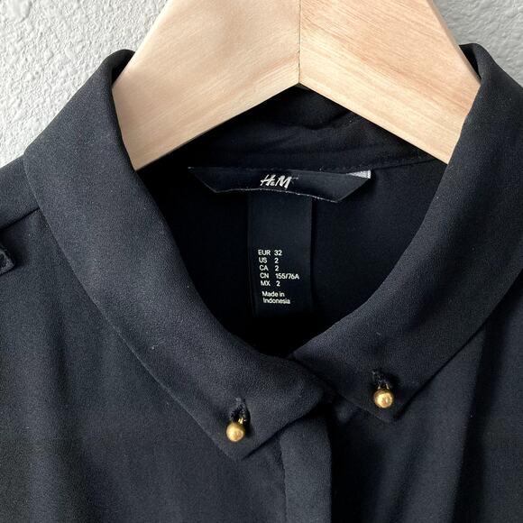 H&M Button Front Blouse - Roll Tab Sleeves - Gold Tone Button Detail - Black - 2 - Picture 3 of 10